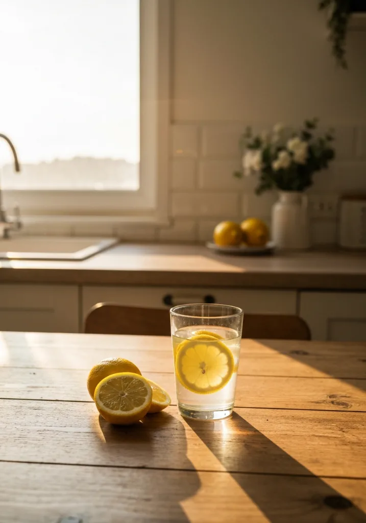Vertical Pinterest image of lemon water with fresh lemon slices can you have lemon water while fasting