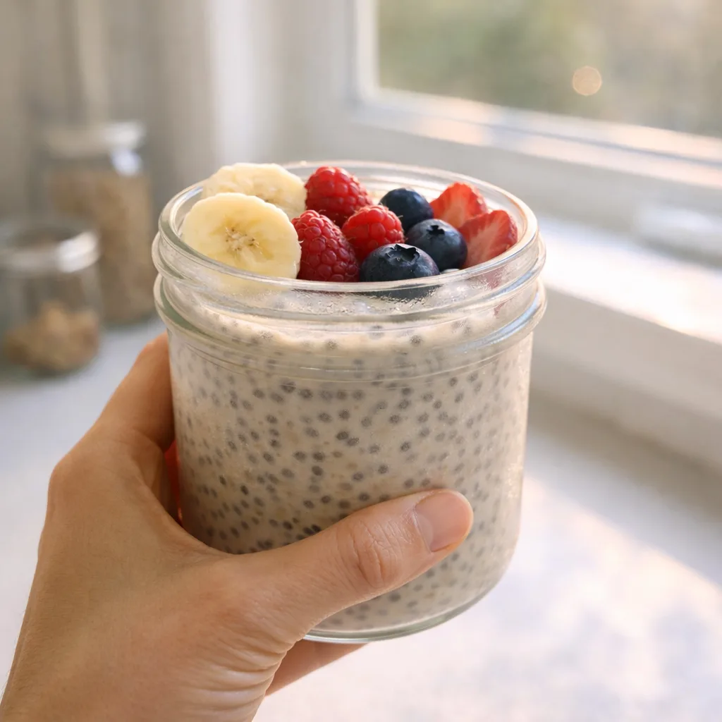 Cozy evening scene with a bowl of chia pudding and toppings on a table