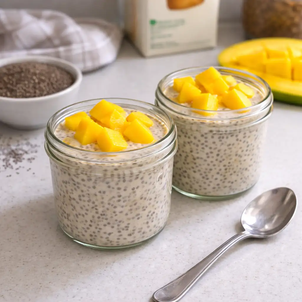 Hand holding a jar of chia pudding near a sunny kitchen window