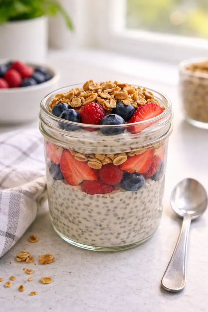 Vertical Pinterest image of chia pudding jar layered with berries and granola
