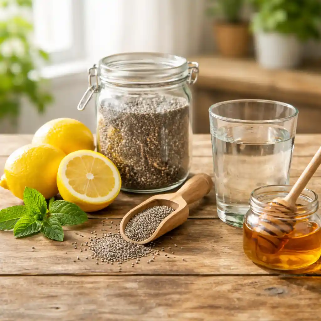 Chia seeds soaking in water forming gel texture