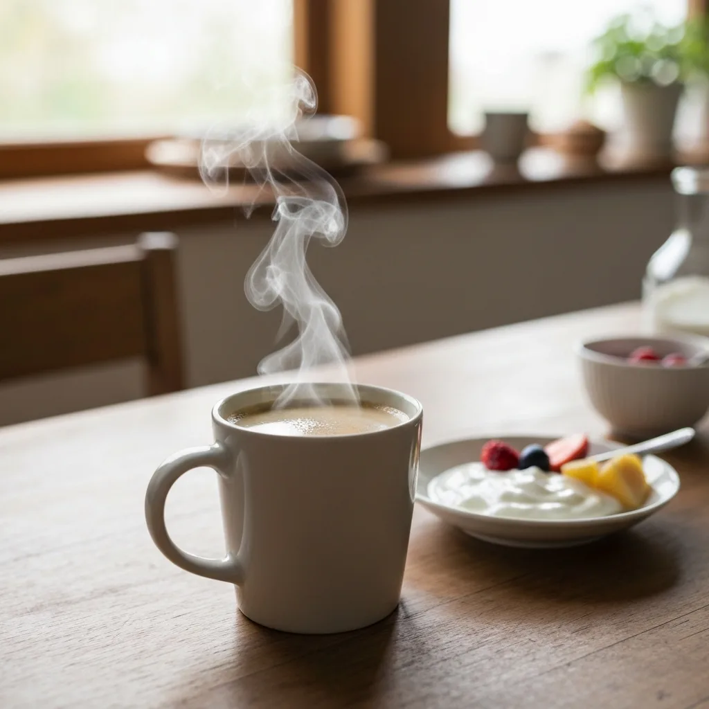 Morning coffee with yogurt and fruit breakfast on a wooden table
