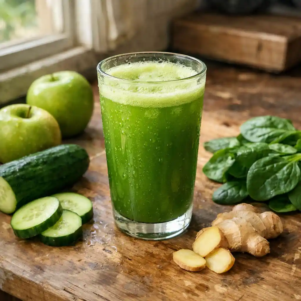 Fresh green cold-pressed juice with cucumber, apple, spinach, and ginger in a glass