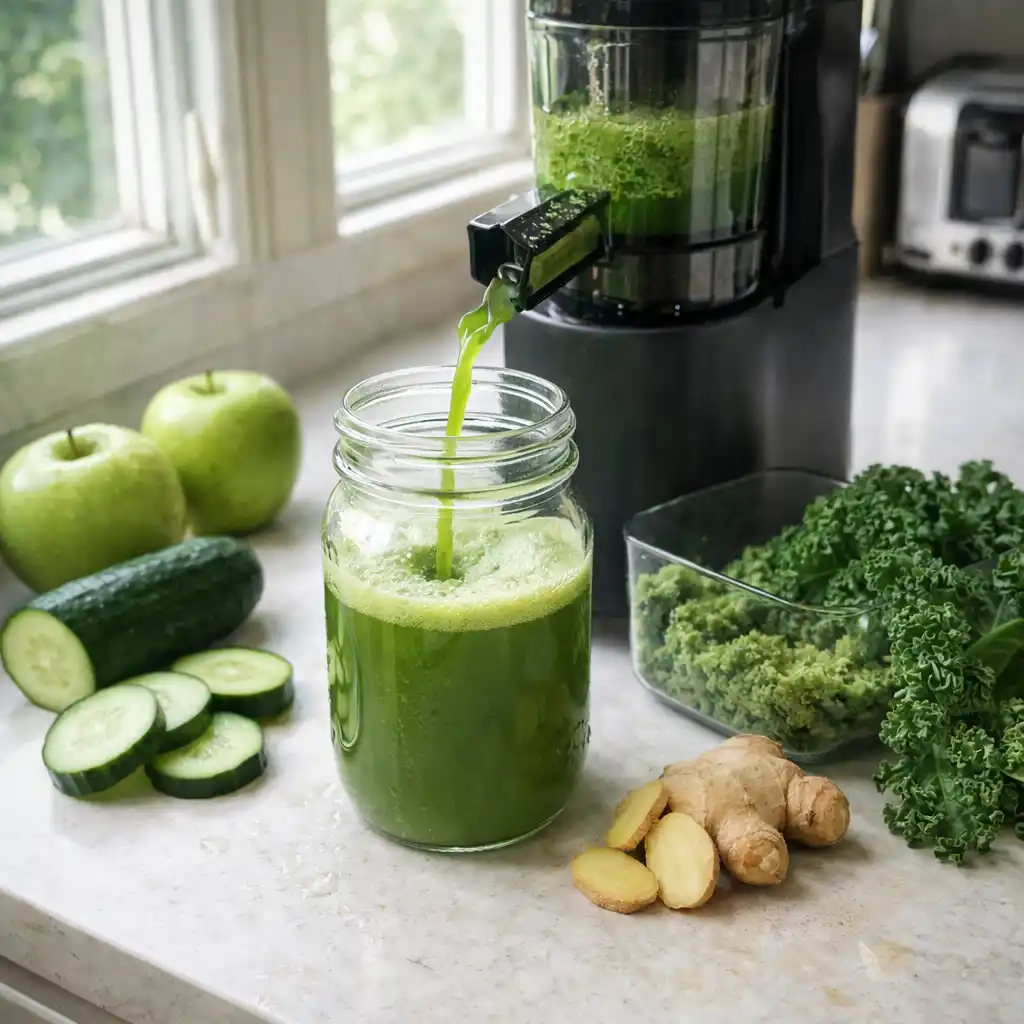 Green and orange cold-pressed juices in glass bottles with fresh fruits and vegetables