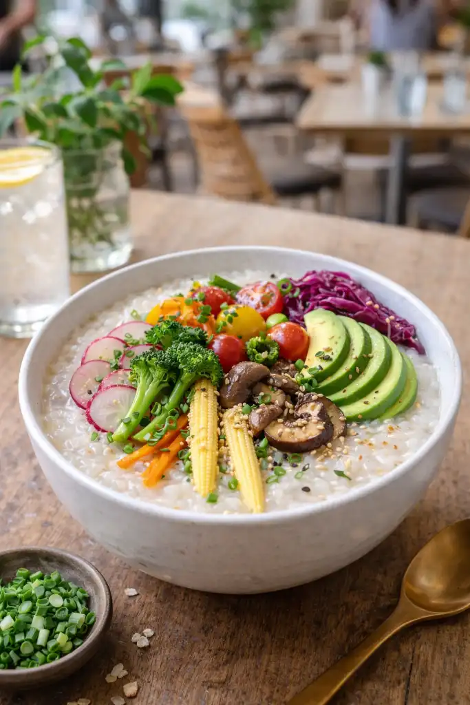 Colorful congee bowl with seasonal vegetables in a modern café. Why is congee suddenly everywhere?