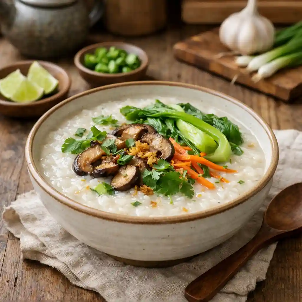 Congee served with fresh vegetables and herbs in a cozy kitchen. Why is congee suddenly everywhere?