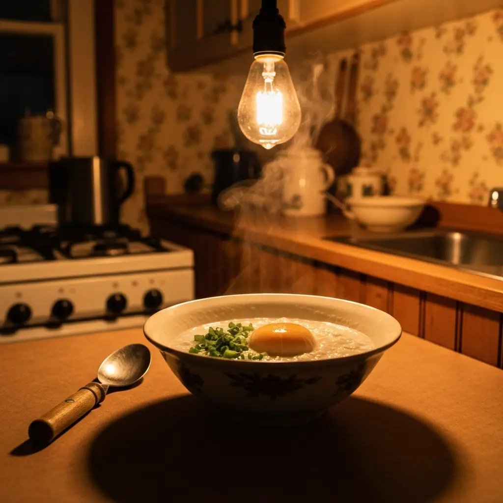 A cozy bowl of congee with a soft-boiled egg on top, garnished with green onions. What is the easiest congee breakfast recipe?