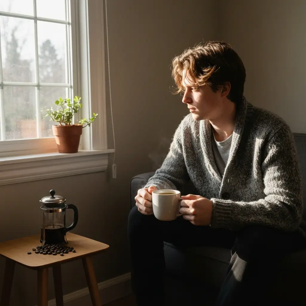 Relaxed person holding coffee in a cozy living room morning setting -morning coffee routines