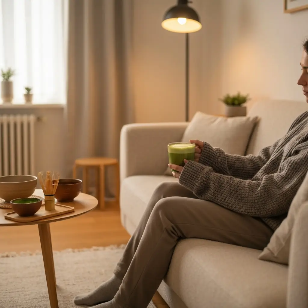 Cozy evening moment with a mug of matcha latte in living room