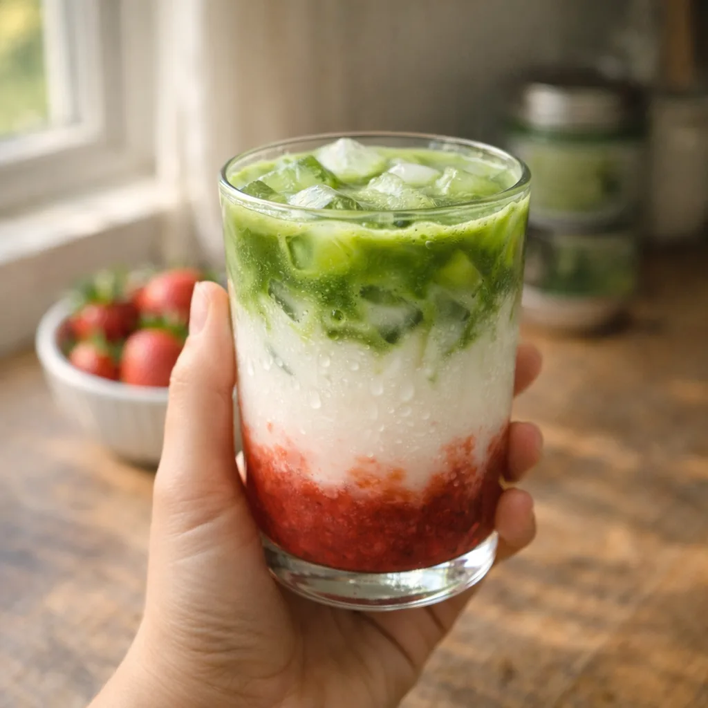 Cozy home scene with strawberry matcha drink and ingredients on side table