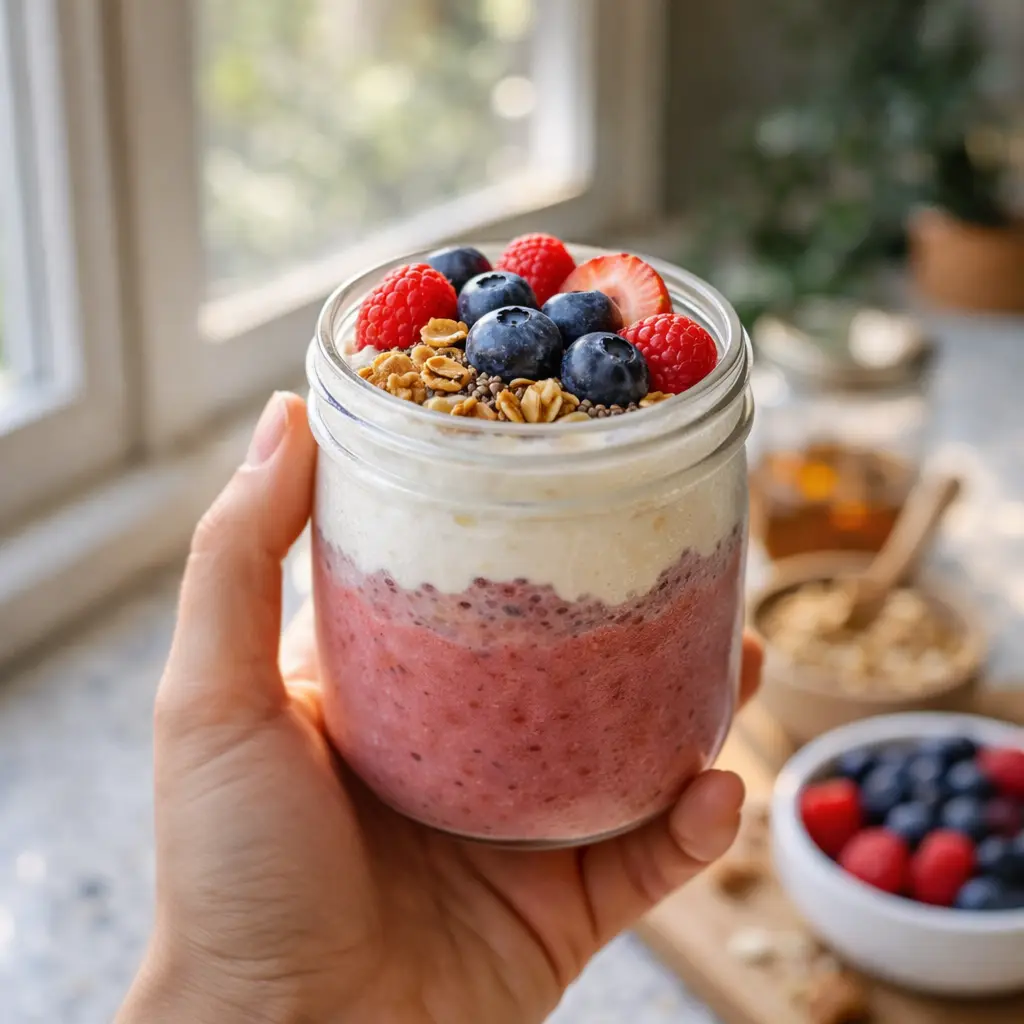 Person in living room holding a bowl of healthy dessert parfait with side ingredients