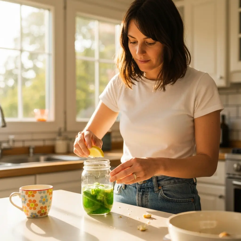 A person adding a slice of lemon to a jar of okra water on the kitchen counter. okra water for gut health