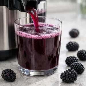 Deep purple blackberry juice pouring from juicer into glass