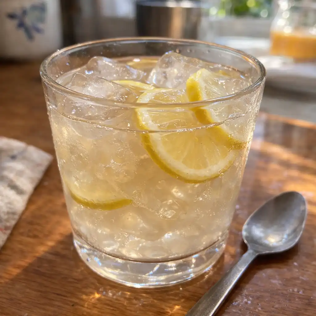 Hand holding a freshly made ice gelatin drink by a sunny kitchen window