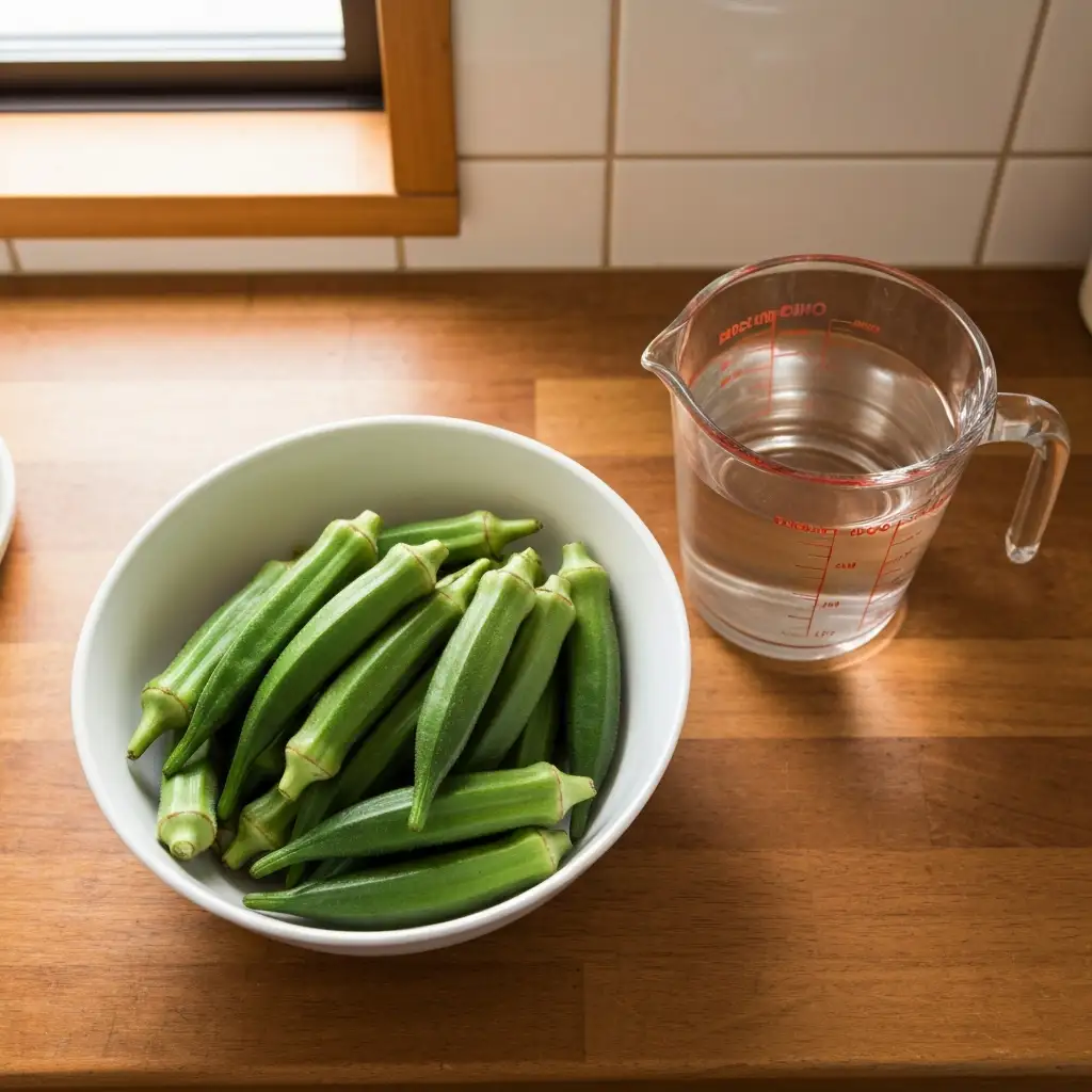 Fresh okra pods and a measuring cup of water on a wooden kitchen counter. okra water for gut health