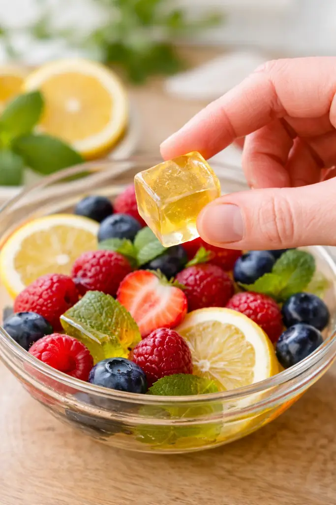 recipe for gelatin weight loss cubes - Hand holding a gelatin cube above berries and citrus