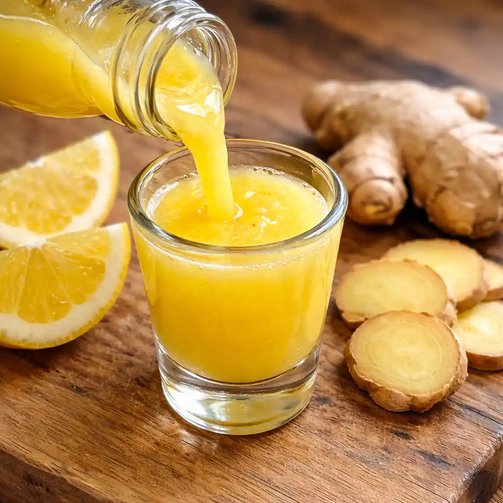Hand holding a fresh ginger shot near sunny kitchen window