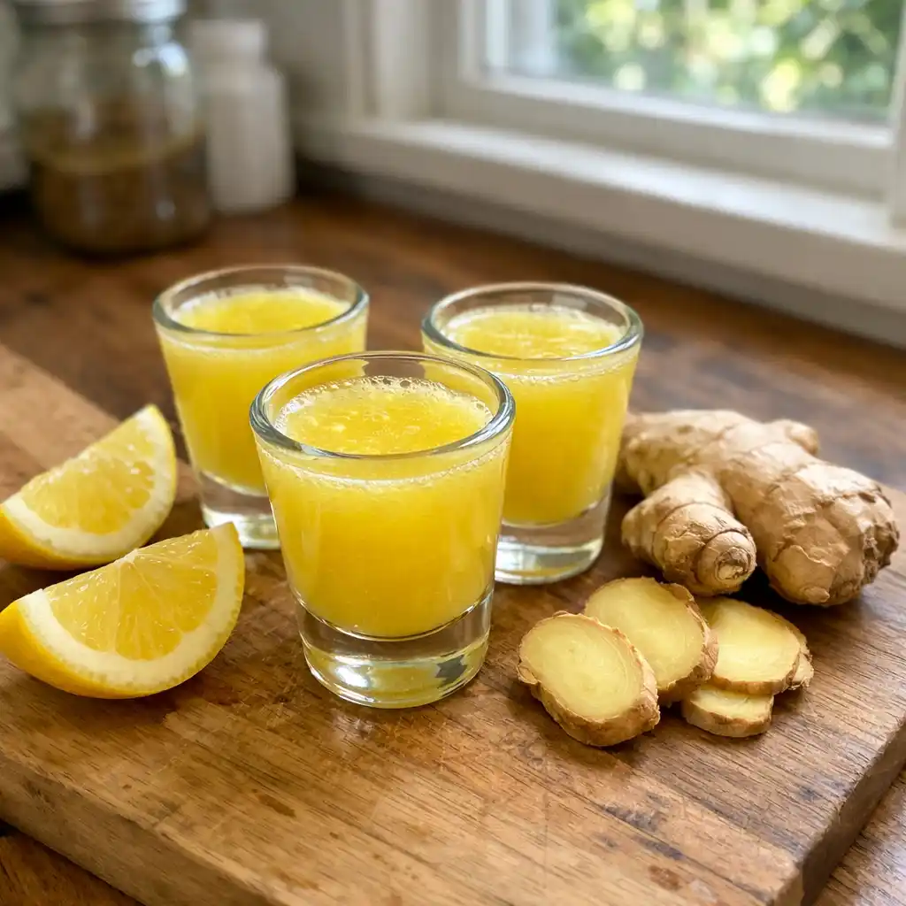 Ginger shots in small bottles with lemon and honey ingredients