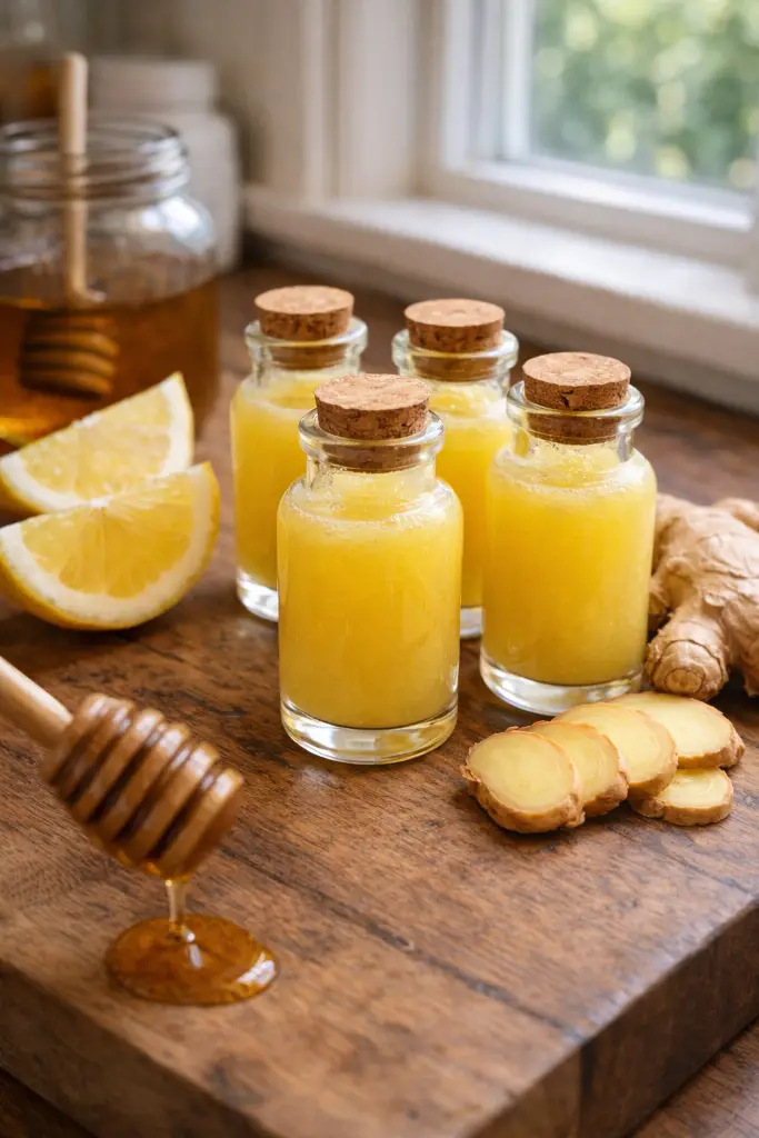 Vertical Pinterest image of ginger shots with fresh ginger and lemon