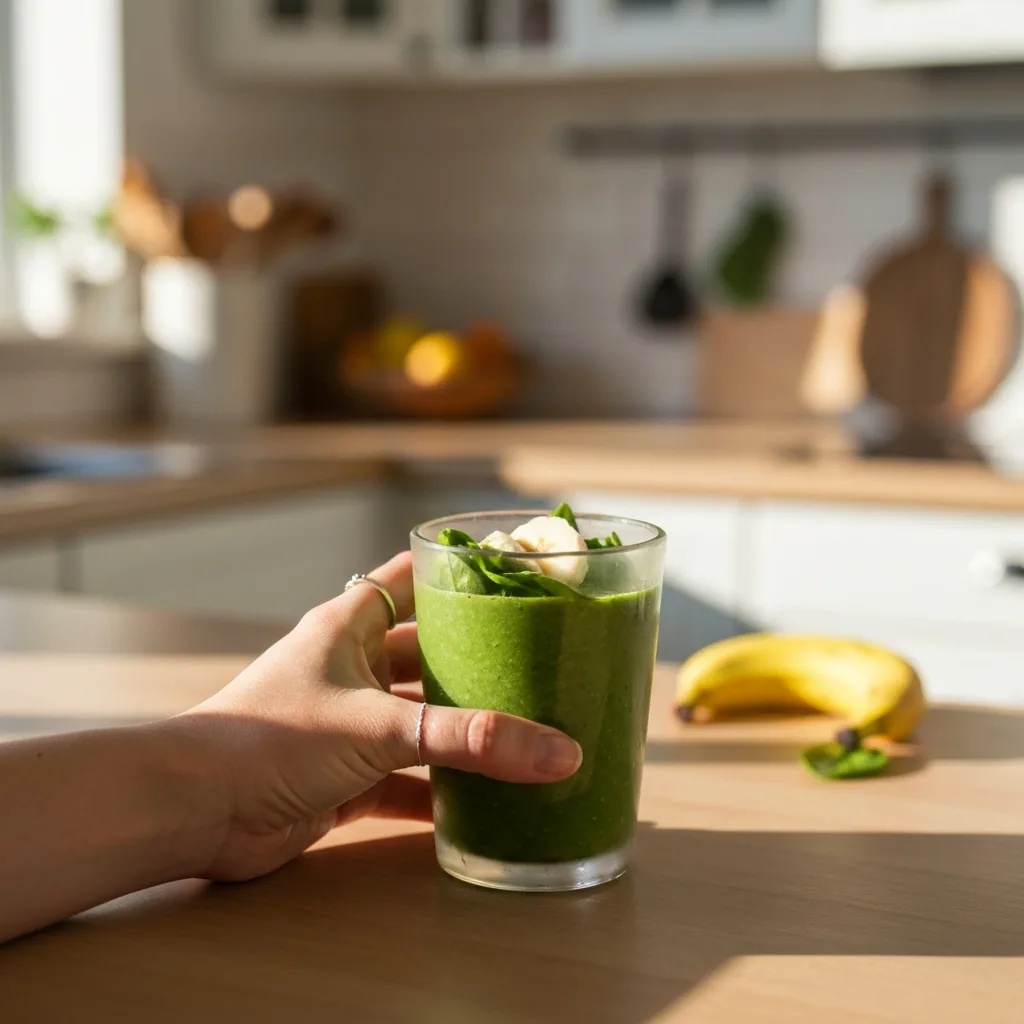 Hand holding a fresh green smoothie with spinach and banana near a sunny window
