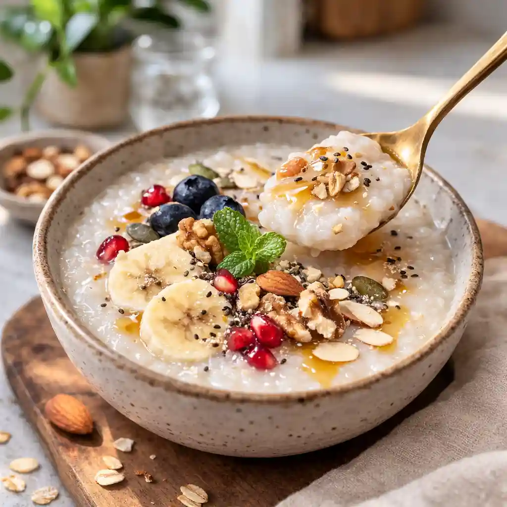 Close-up of congee with fruits and nuts in a minimalist kitchen. Why is congee suddenly everywhere?
