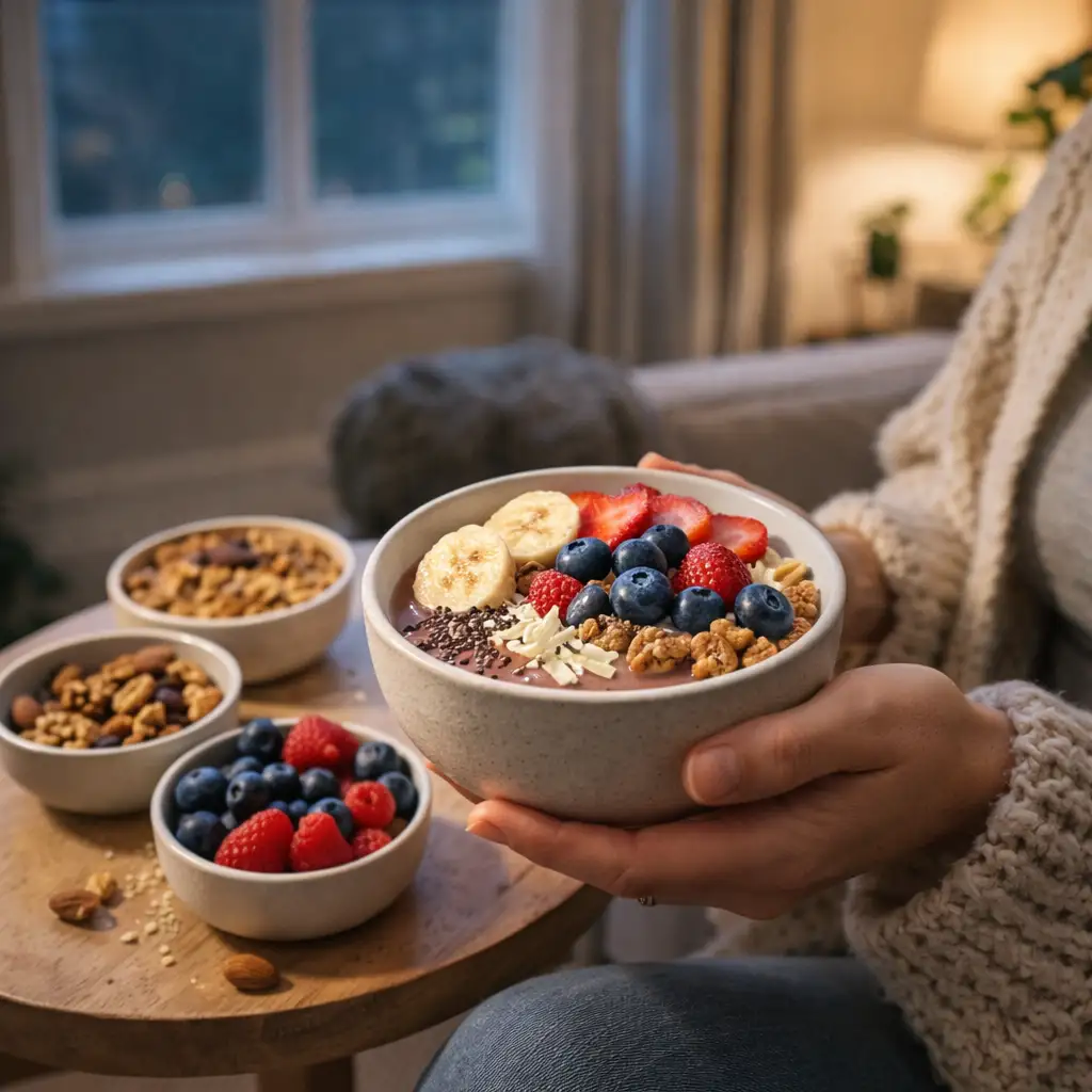 Pinterest-ready vertical image of colorful healthy desserts with fruits and nuts