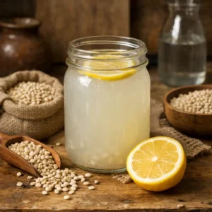 Homemade barley water in a rustic kitchen with barley and lemon traditional barley water vs store bought