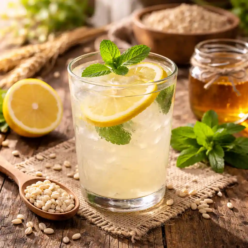 Fresh homemade barley water with lemon and mint in a glass traditional barley water vs store bought