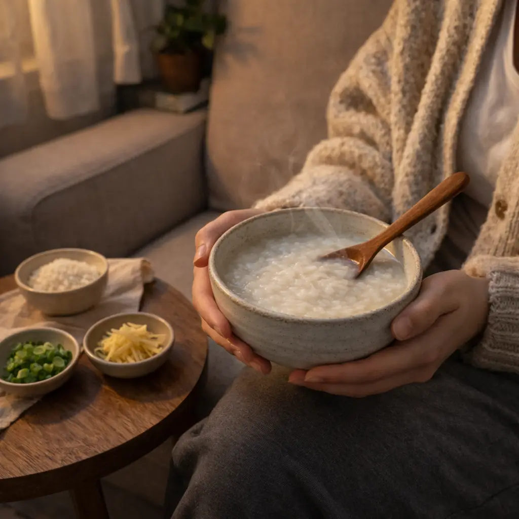 person relaxing at home holding bowl of congee with ingredients on table 3 ingredient congee breakfast