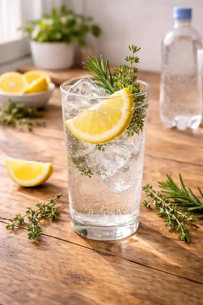 Homemade tonic water drink with lemon and herbs