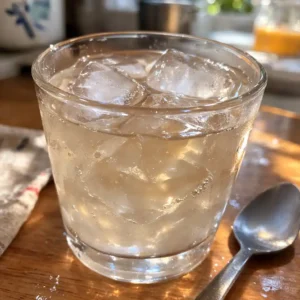 Glass of homemade ice gelatin drink with soft gelatin texture and ice cubes