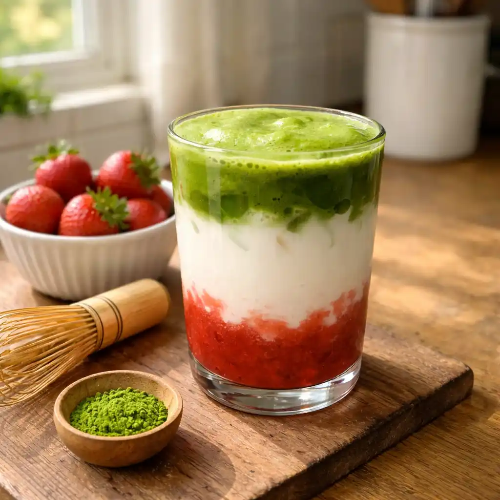 Iced strawberry matcha latte with milk and strawberry puree layers