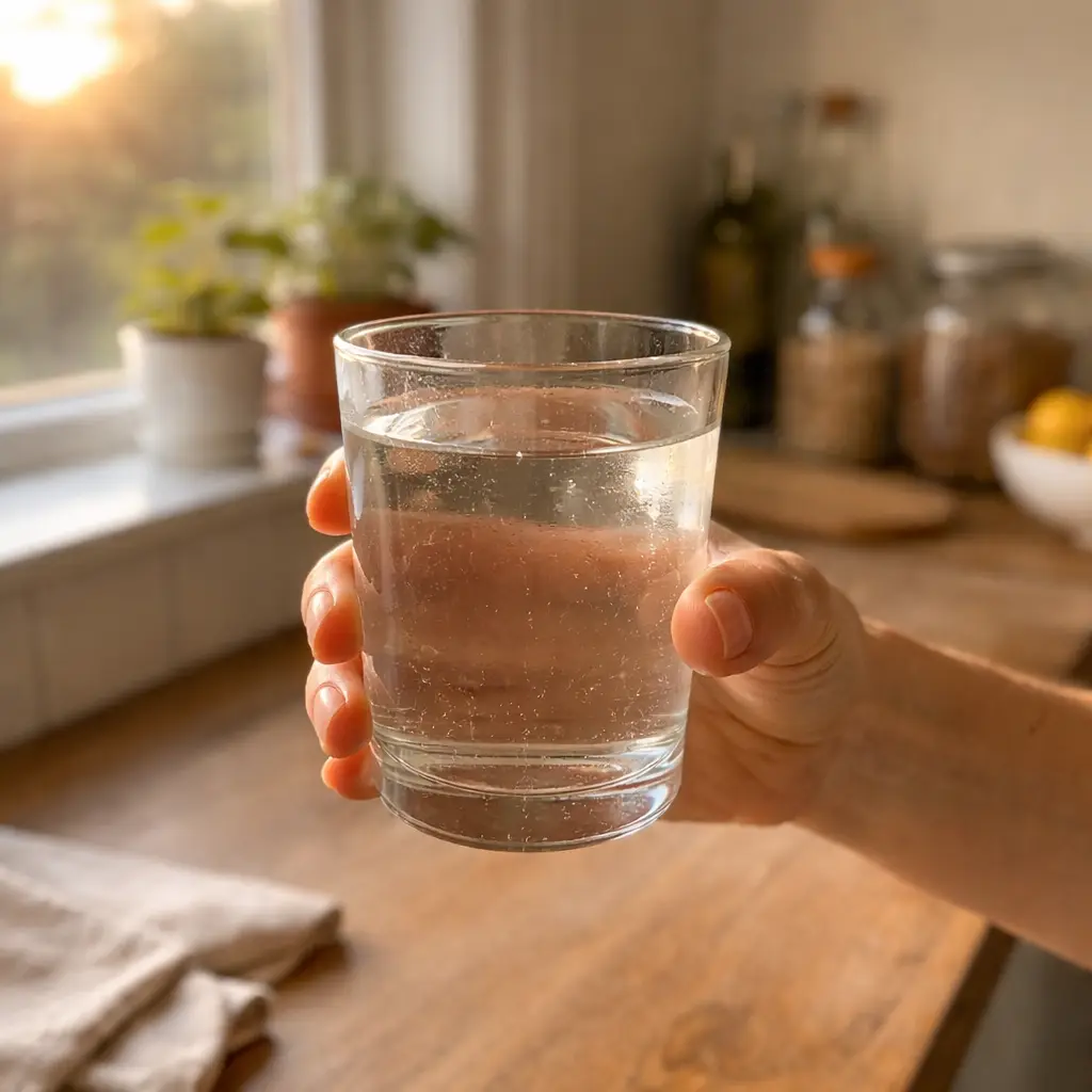 Hand holding a clear glass of water by a sunny kitchen window japanese water fasting