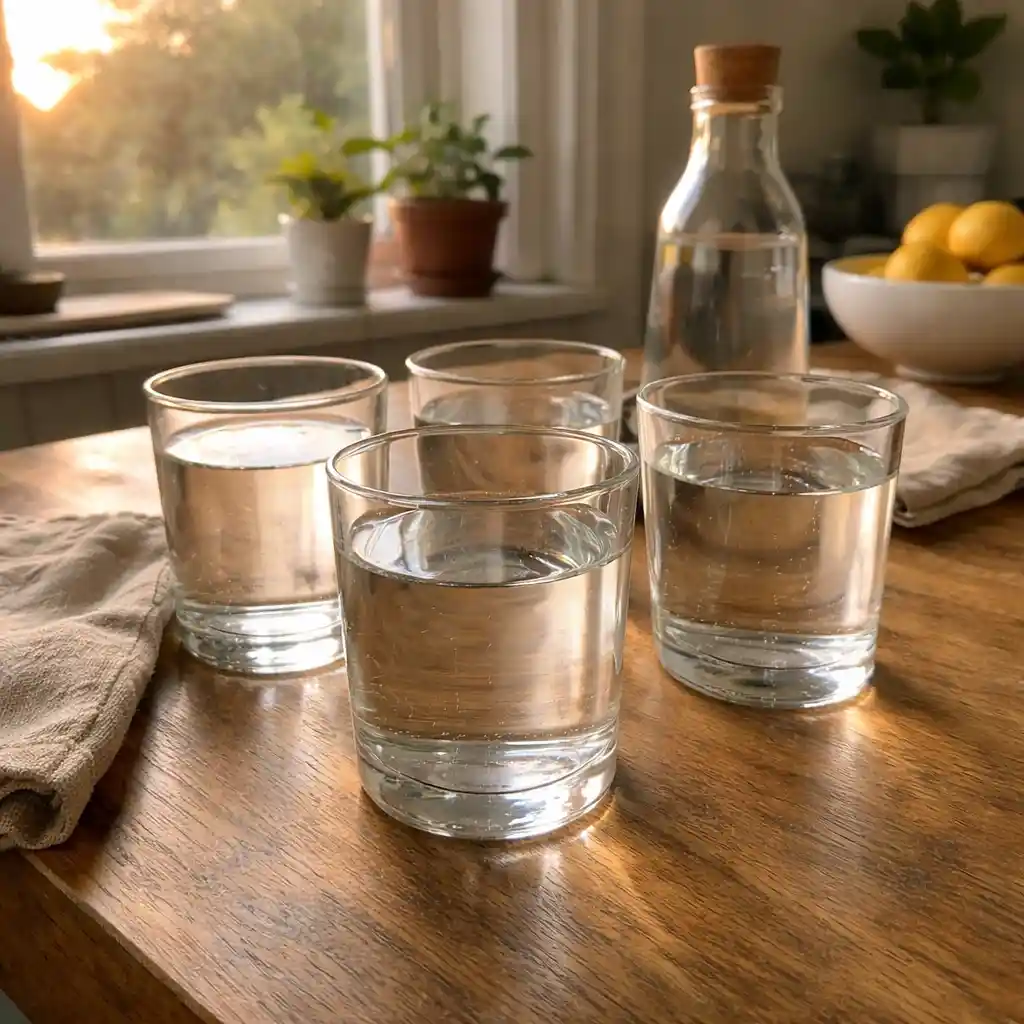 Several glasses of water prepared for a morning hydration routine japanese water fasting