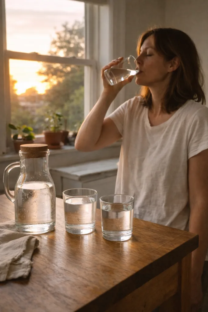 Vertical Pinterest image showing a calm morning water drinking routine japanese water fasting