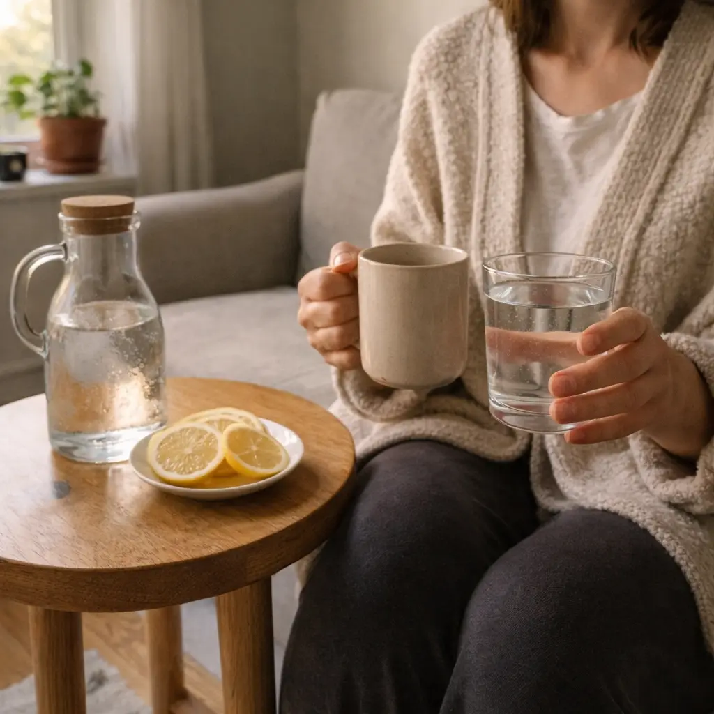 Relaxed morning routine with water and simple hydration ingredients japanese water fasting