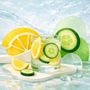 Clean editorial workspace scene symbolizing refreshing infused hydration