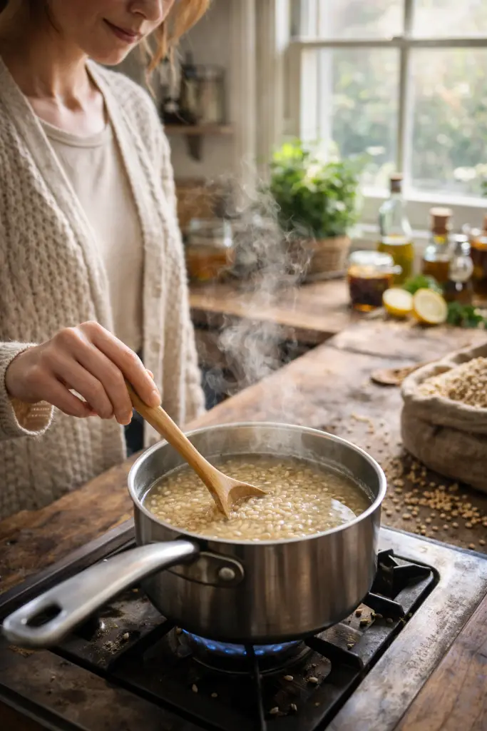 Woman stirring homemade barley water in a cozy kitchen traditional barley water vs store bought