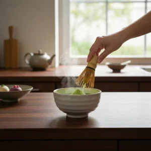 Whisking matcha at home in a ceramic bowl with bamboo whisk