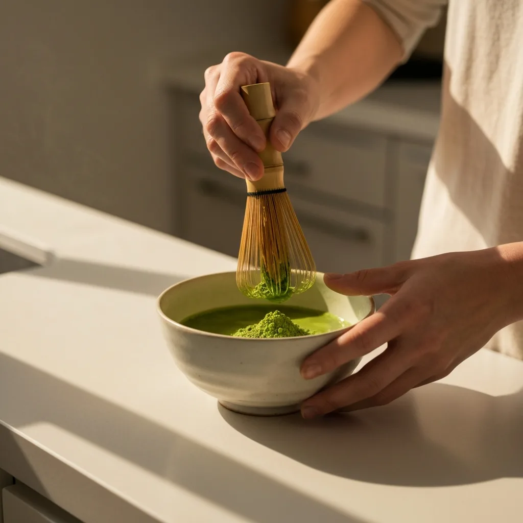 Whisking matcha tea at home in a ceramic bowl with bamboo whisk