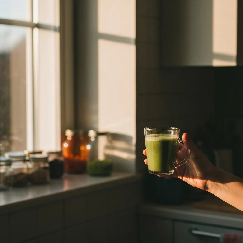 Hand holding a fresh matcha latte near a sunny kitchen window