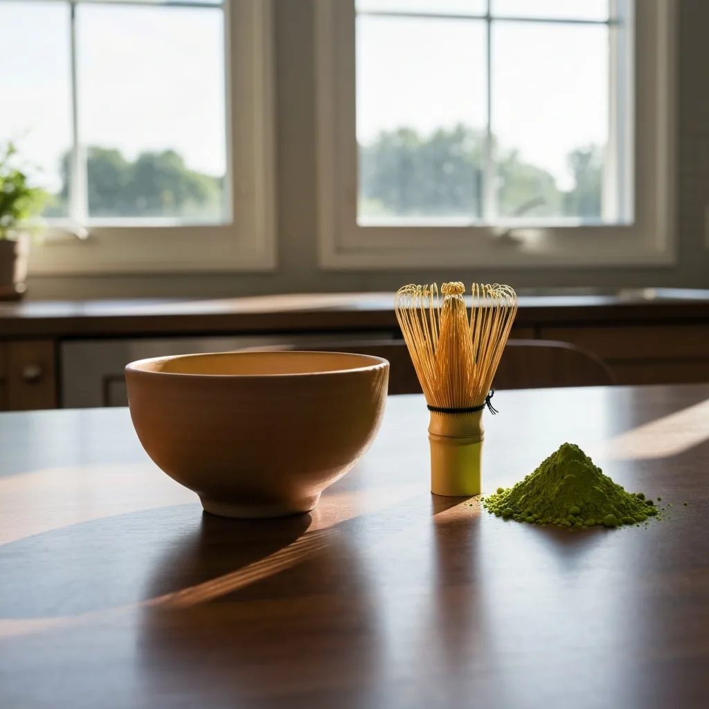 Matcha tea bowl with bamboo whisk and matcha powder on kitchen table
