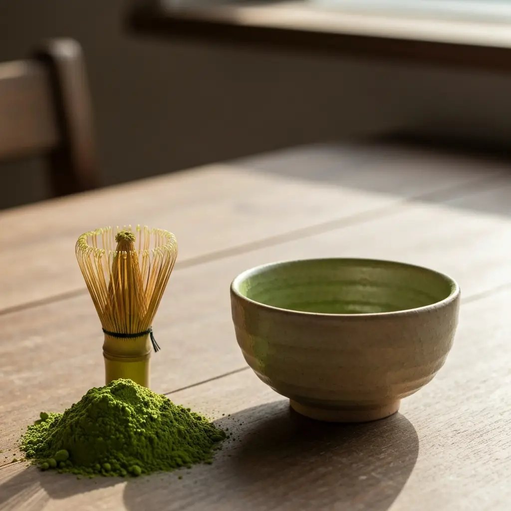 Traditional matcha tea bowl with bamboo whisk and matcha powder