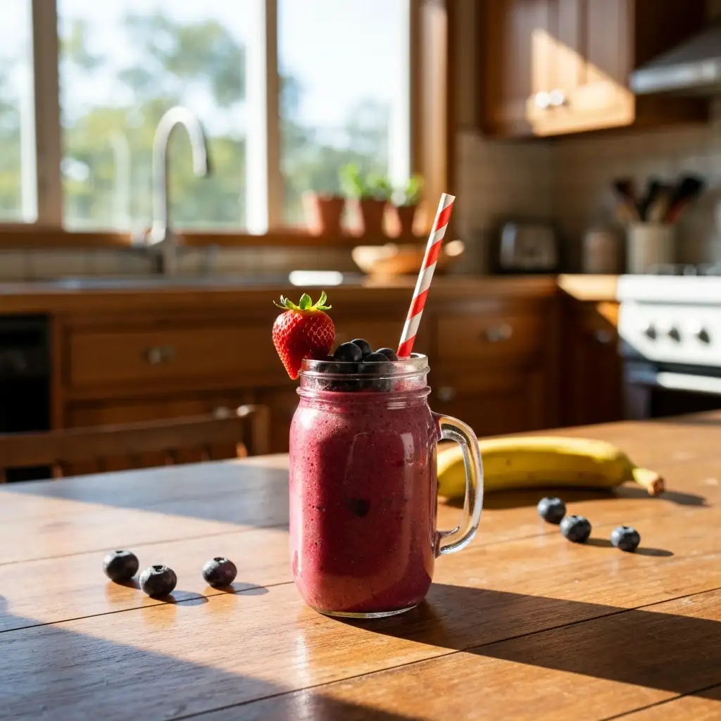 Mixed berry smoothie in mason jar topped with strawberries and blueberries