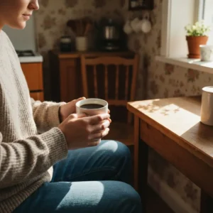 Person enjoying a quiet morning coffee routine at a sunny kitchen table