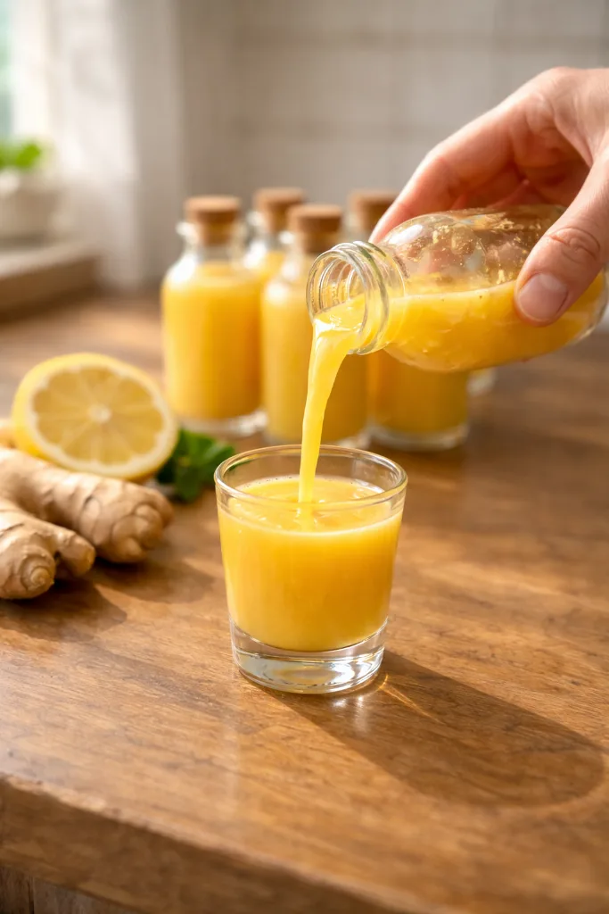 Pouring homemade ginger wellness shot into glass