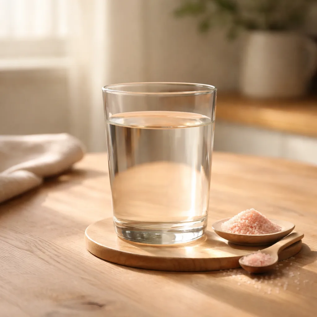 Glass of warm water with a pinch of mineral salt for a morning salt water drink