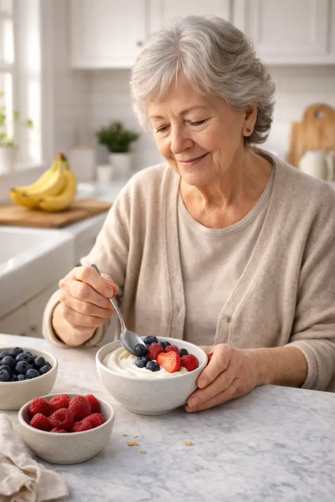 elderly woman preparing yogurt bowl in peaceful morning kitchen