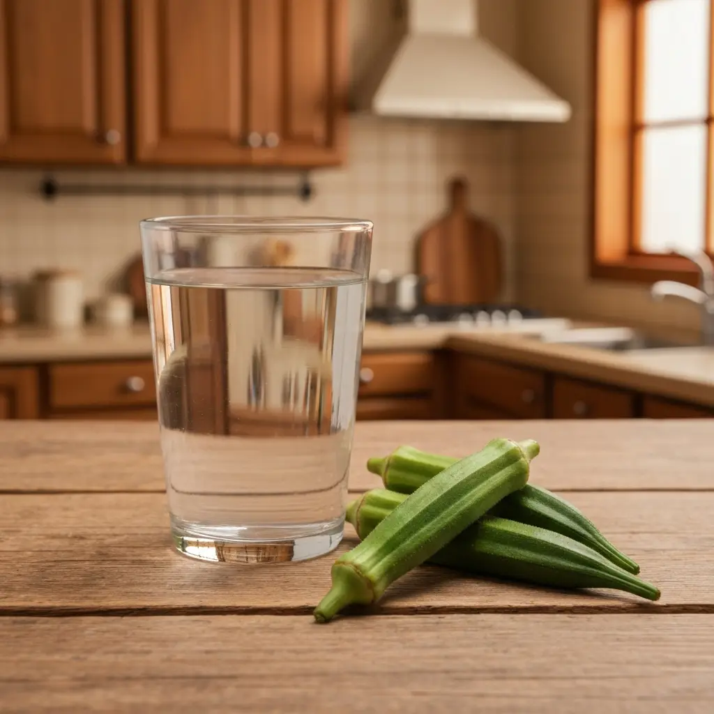 Close-up of okra water in a glass, with okra pods on a wooden table. okra water for gut health