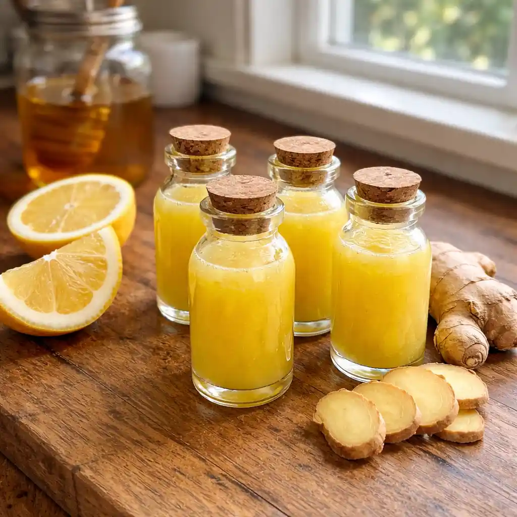 Pouring fresh ginger shot into a small glass with lemon wedges